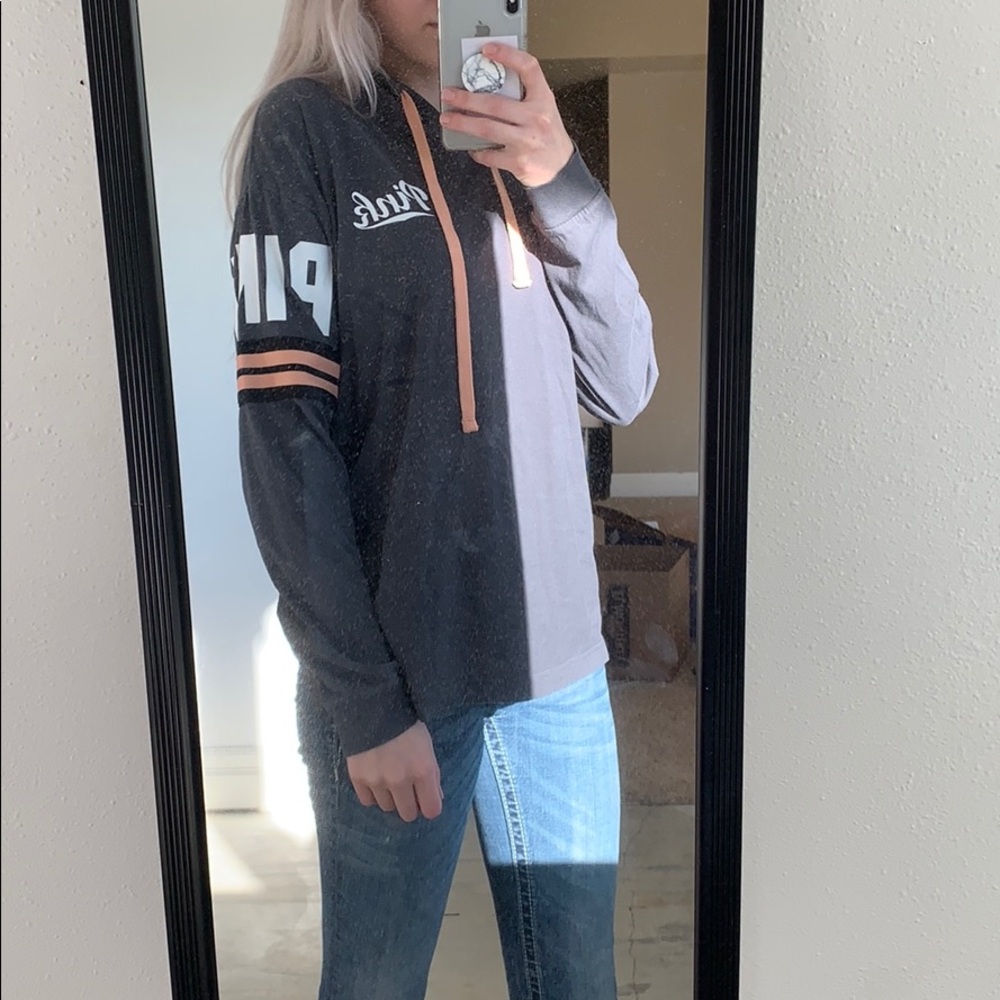 Long sleeve, hooded, pink and grey PINK shirt